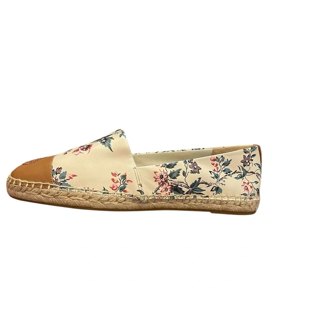 TORY BURCH Floral Leather Cap Toe Espadrilles